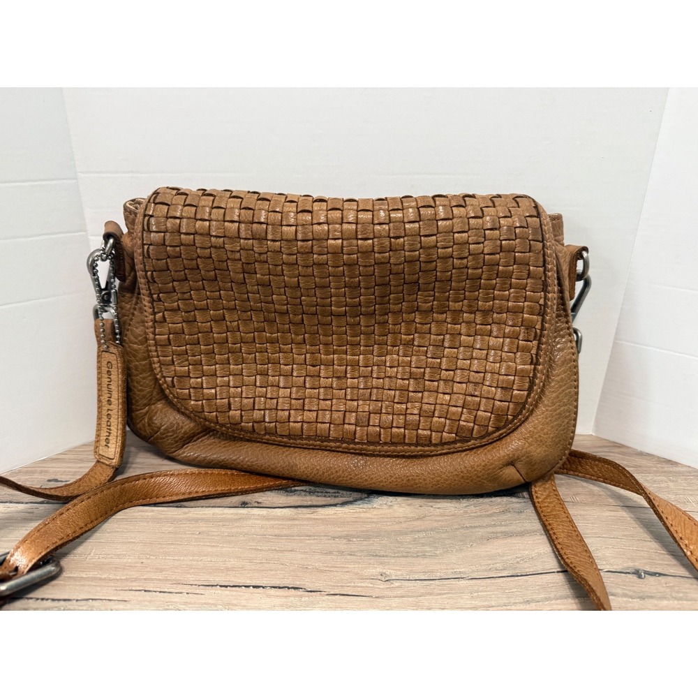 Wilsons Vintage Cognac Brown Woven Genuine Leather Crossbody Bag Flap Purse